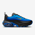 Blue and black sneaker with a yellow logo